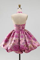 Laden Sie das Bild in den Galerie-Viewer, Kurzes Homecoming-Kleid mit rotem Blumen-Neckholder-Jacquard-Blasen-Saum