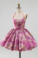 Laden Sie das Bild in den Galerie-Viewer, Kurzes Homecoming-Kleid mit rotem Blumen-Neckholder-Jacquard-Blasen-Saum