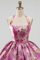 Laden Sie das Bild in den Galerie-Viewer, Kurzes Homecoming-Kleid mit rotem Blumen-Neckholder-Jacquard-Blasen-Saum