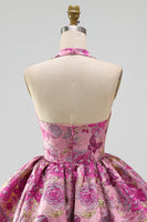 Laden Sie das Bild in den Galerie-Viewer, Kurzes Homecoming-Kleid mit rotem Blumen-Neckholder-Jacquard-Blasen-Saum