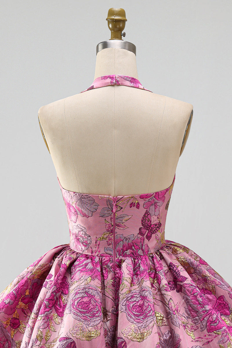 Laden Sie das Bild in den Galerie-Viewer, Kurzes Homecoming-Kleid mit rotem Blumen-Neckholder-Jacquard-Blasen-Saum