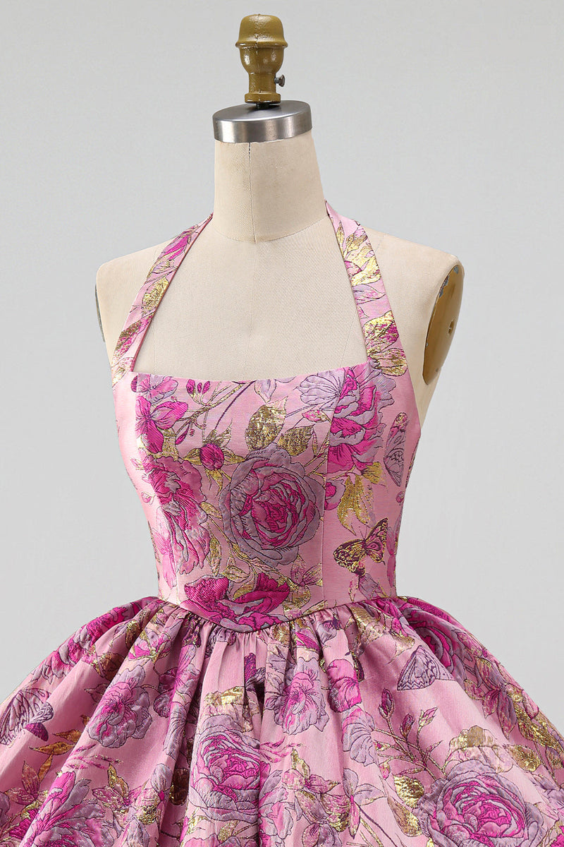 Laden Sie das Bild in den Galerie-Viewer, Kurzes Homecoming-Kleid mit rotem Blumen-Neckholder-Jacquard-Blasen-Saum