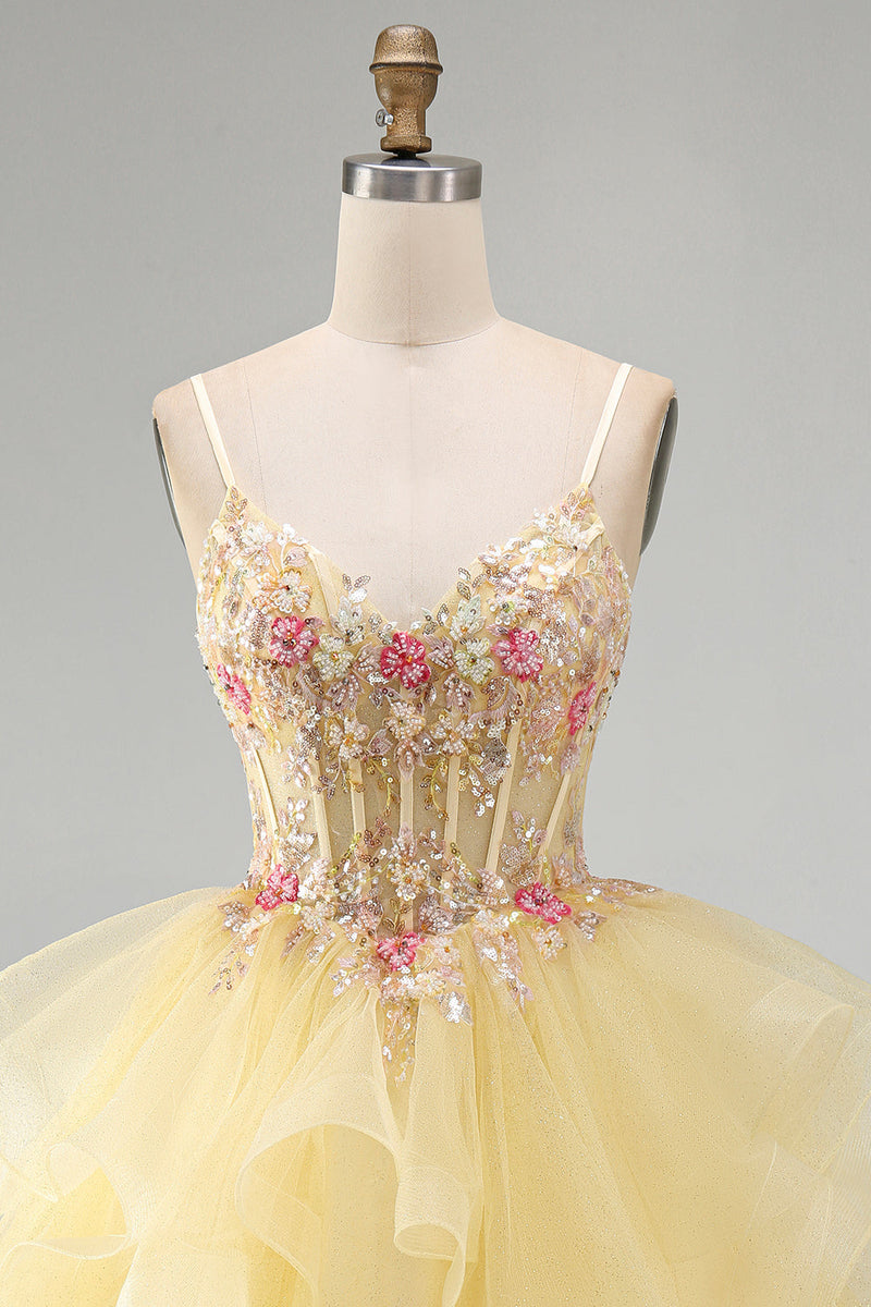 Laden Sie das Bild in den Galerie-Viewer, Gelbes A-Linie Korsett Perlen Rüschen Kurzes Abendkleid mit V-Ausschnitt