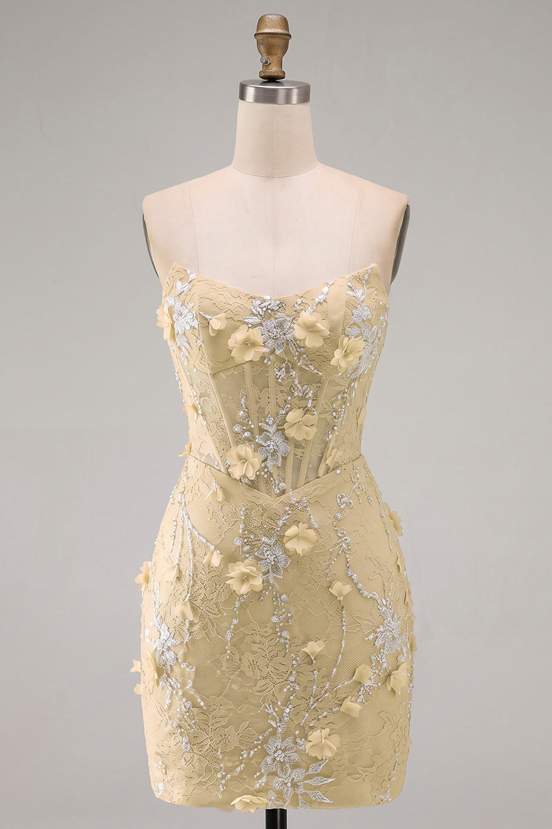 Laden Sie das Bild in den Galerie-Viewer, Trägerloses Enges Spitzen Perlen Transparentes 3D-Blumen Korsett Kurzes Abendkleid