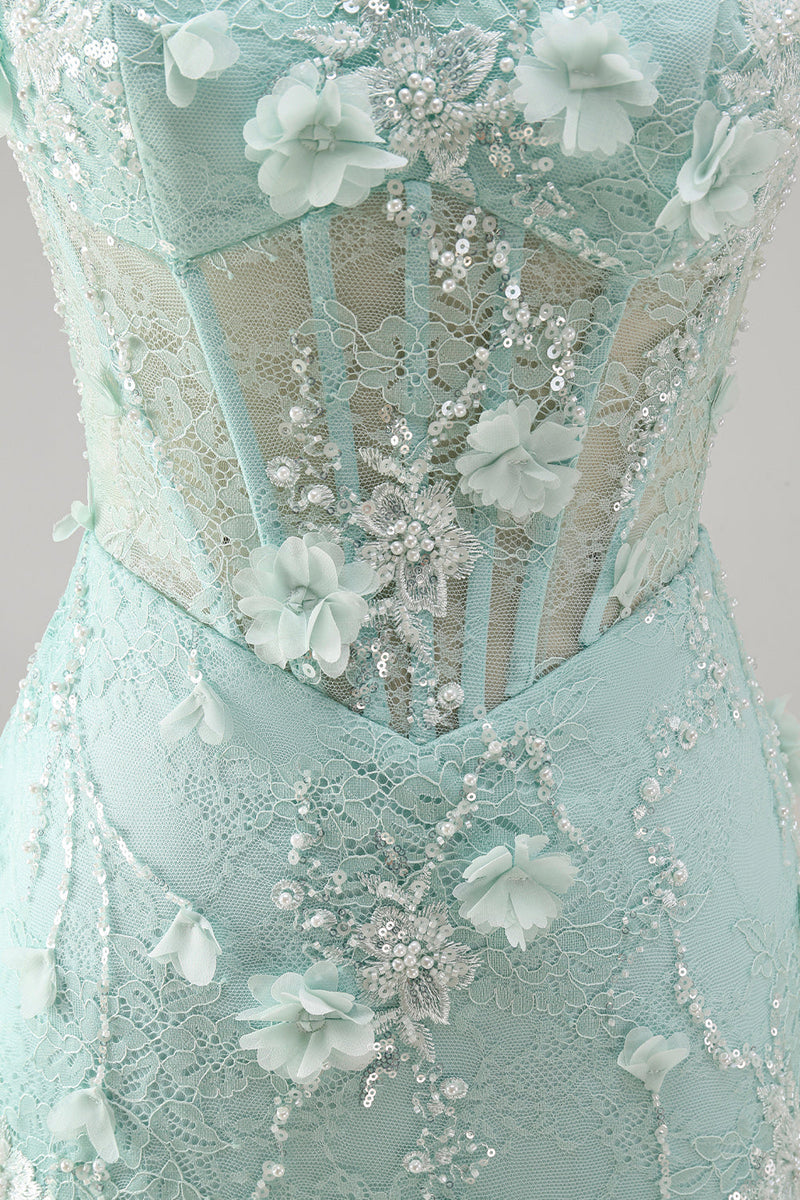 Laden Sie das Bild in den Galerie-Viewer, Trägerloses Enges Spitzen Perlen Transparentes 3D-Blumen Korsett Kurzes Abendkleid