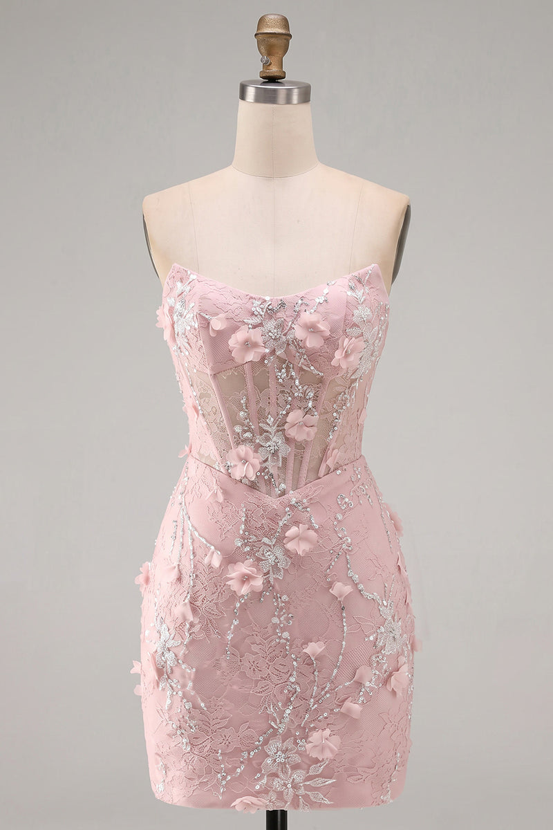Laden Sie das Bild in den Galerie-Viewer, Trägerloses Enges Spitzen Perlen Transparentes 3D-Blumen Korsett Kurzes Abendkleid