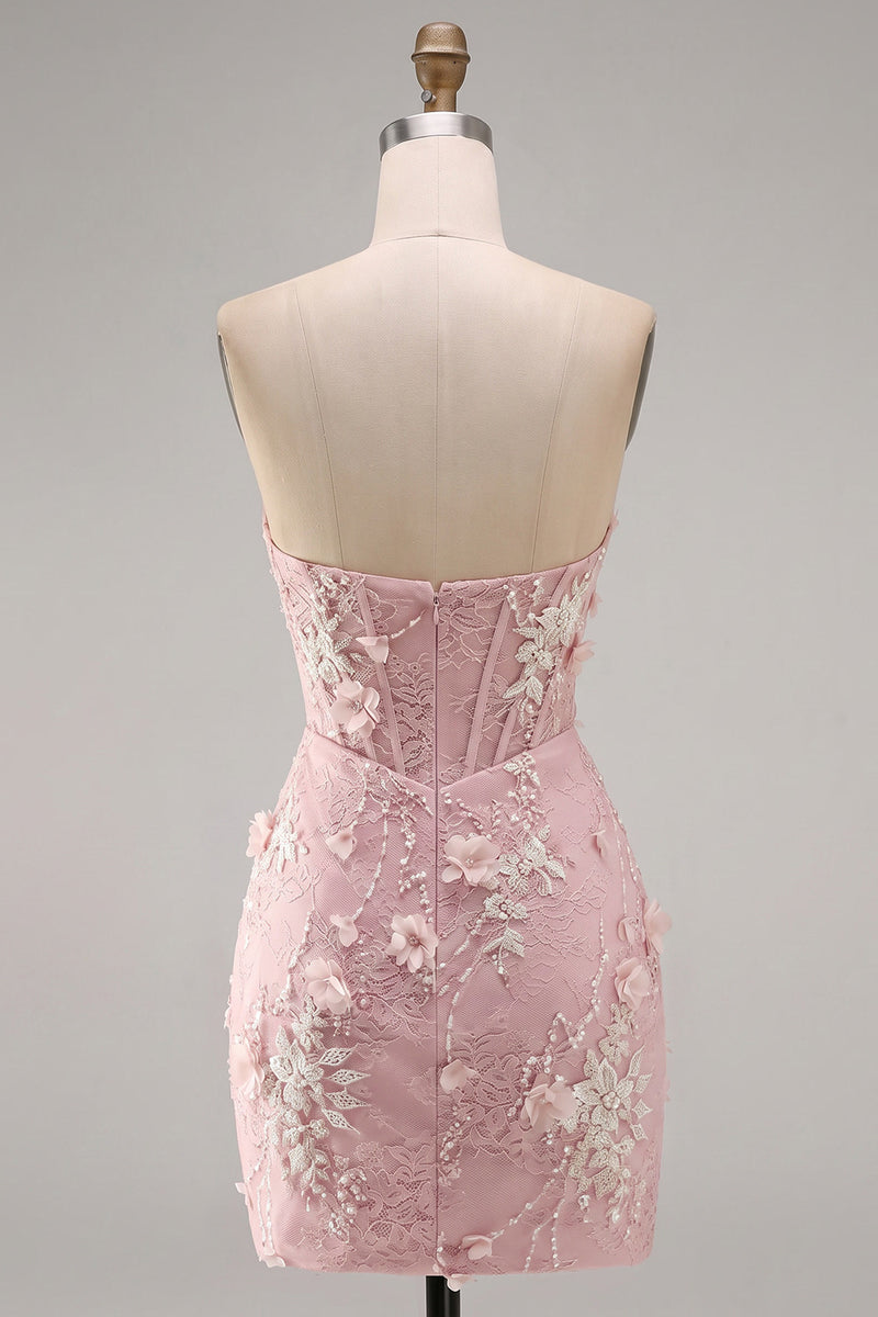 Laden Sie das Bild in den Galerie-Viewer, Trägerloses Enges Spitzen Perlen Transparentes 3D-Blumen Korsett Kurzes Abendkleid