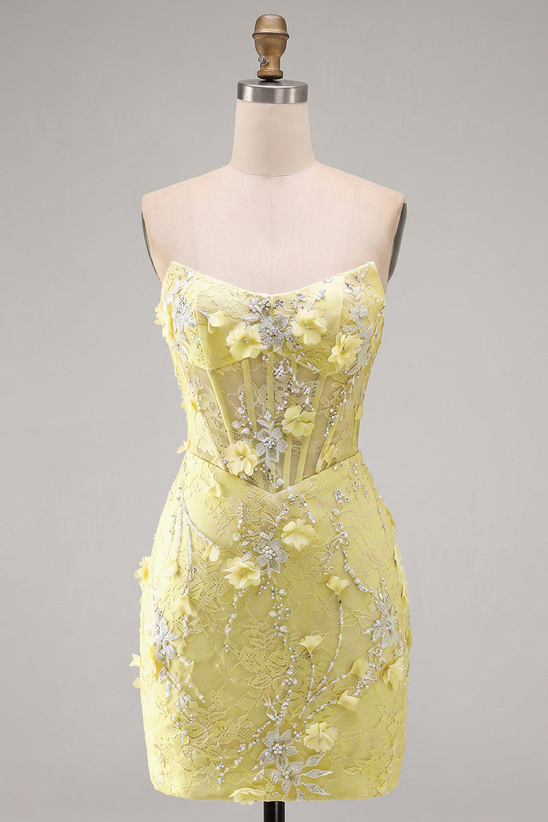 Laden Sie das Bild in den Galerie-Viewer, Trägerloses Enges Spitzen Perlen Transparentes 3D-Blumen Korsett Kurzes Abendkleid