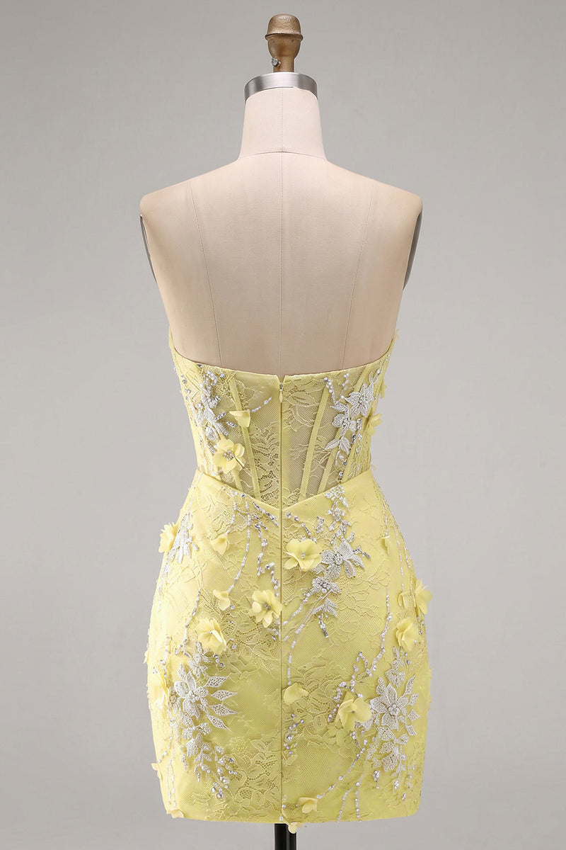Laden Sie das Bild in den Galerie-Viewer, Trägerloses Enges Spitzen Perlen Transparentes 3D-Blumen Korsett Kurzes Abendkleid