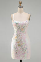 Laden Sie das Bild in den Galerie-Viewer, Glitzerndes Rosa Bodycon Pailletten Blumiges Kurzes Abendkleid mit Perlen
