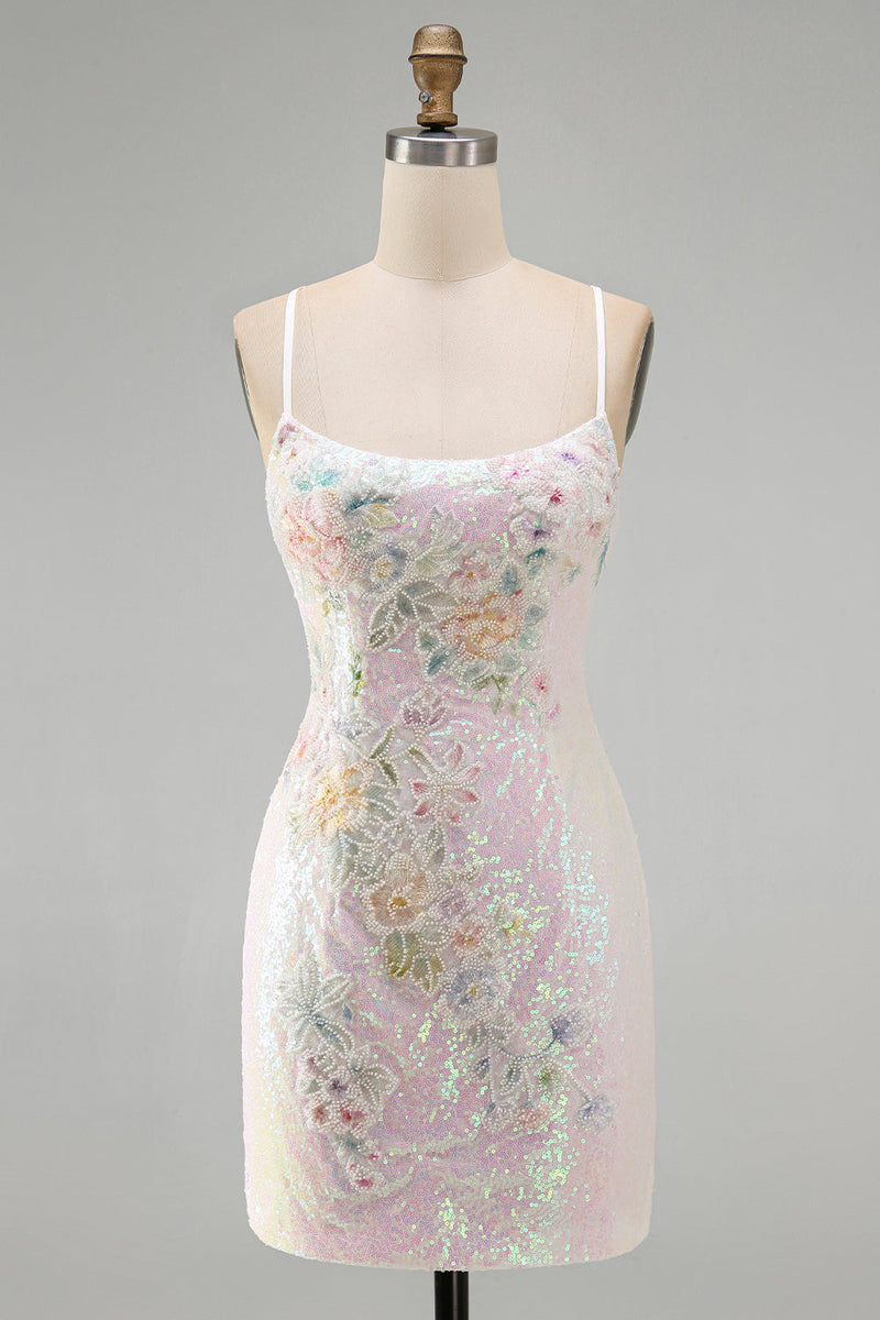 Laden Sie das Bild in den Galerie-Viewer, Glitzerndes Rosa Bodycon Pailletten Blumiges Kurzes Abendkleid mit Perlen