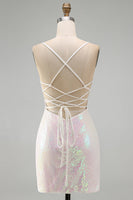 Laden Sie das Bild in den Galerie-Viewer, Glitzerndes Rosa Bodycon Pailletten Blumiges Kurzes Abendkleid mit Perlen