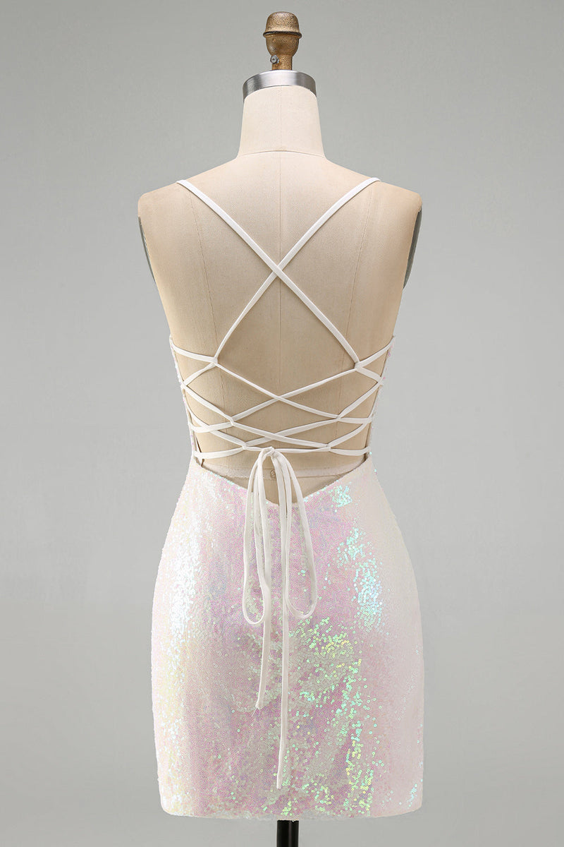 Laden Sie das Bild in den Galerie-Viewer, Glitzerndes Rosa Bodycon Pailletten Blumiges Kurzes Abendkleid mit Perlen