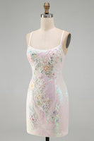 Laden Sie das Bild in den Galerie-Viewer, Glitzerndes Rosa Bodycon Pailletten Blumiges Kurzes Abendkleid mit Perlen