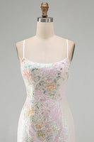 Laden Sie das Bild in den Galerie-Viewer, Glitzerndes Rosa Bodycon Pailletten Blumiges Kurzes Abendkleid mit Perlen