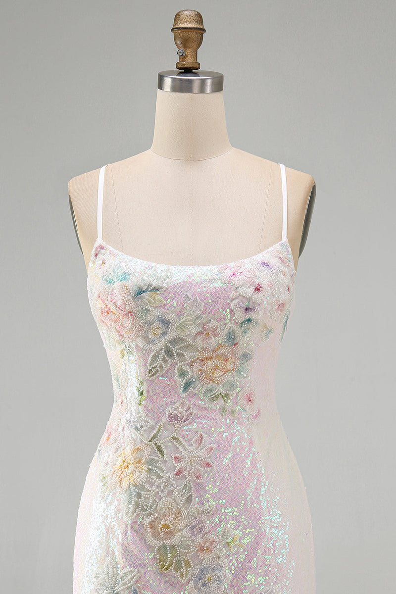 Laden Sie das Bild in den Galerie-Viewer, Glitzerndes Rosa Bodycon Pailletten Blumiges Kurzes Abendkleid mit Perlen