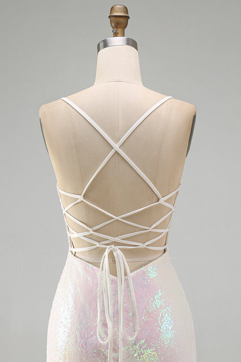 Laden Sie das Bild in den Galerie-Viewer, Glitzerndes Rosa Bodycon Pailletten Blumiges Kurzes Abendkleid mit Perlen