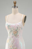 Laden Sie das Bild in den Galerie-Viewer, Glitzerndes Rosa Bodycon Pailletten Blumiges Kurzes Abendkleid mit Perlen