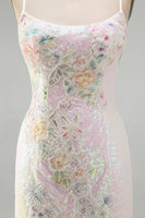Laden Sie das Bild in den Galerie-Viewer, Glitzerndes Rosa Bodycon Pailletten Blumiges Kurzes Abendkleid mit Perlen