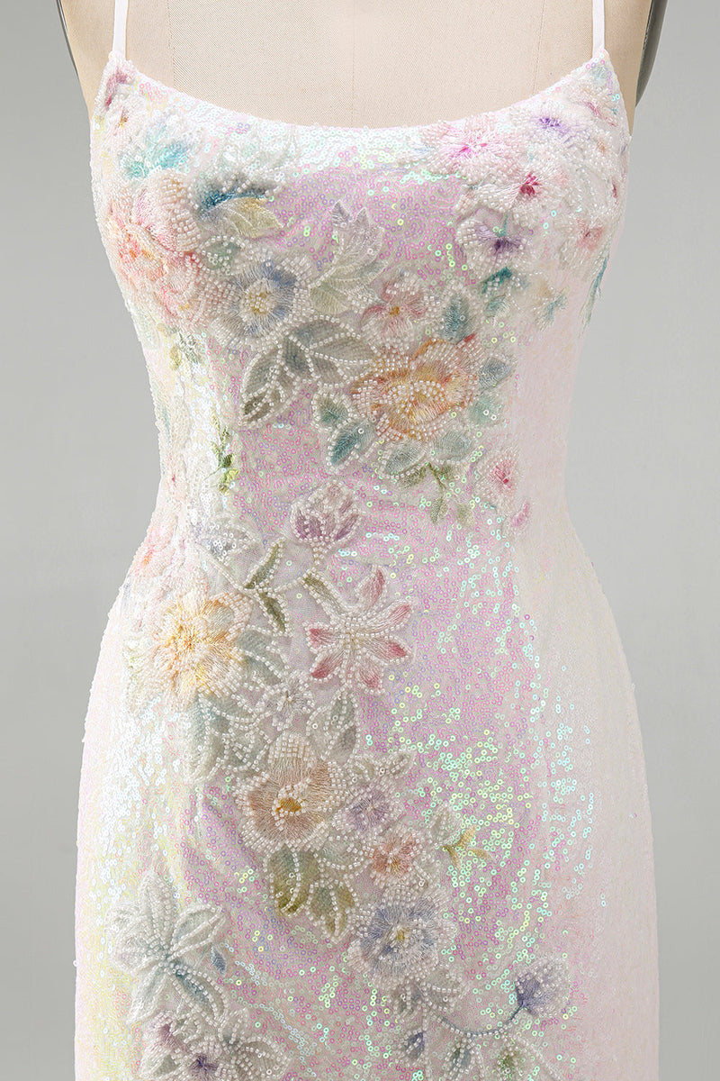 Laden Sie das Bild in den Galerie-Viewer, Glitzerndes Rosa Bodycon Pailletten Blumiges Kurzes Abendkleid mit Perlen