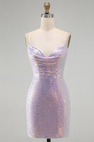 Laden Sie das Bild in den Galerie-Viewer, Glitzerndes Flieder Bodycon Cowl-Neck Pailletten Kurzes Abendkleid