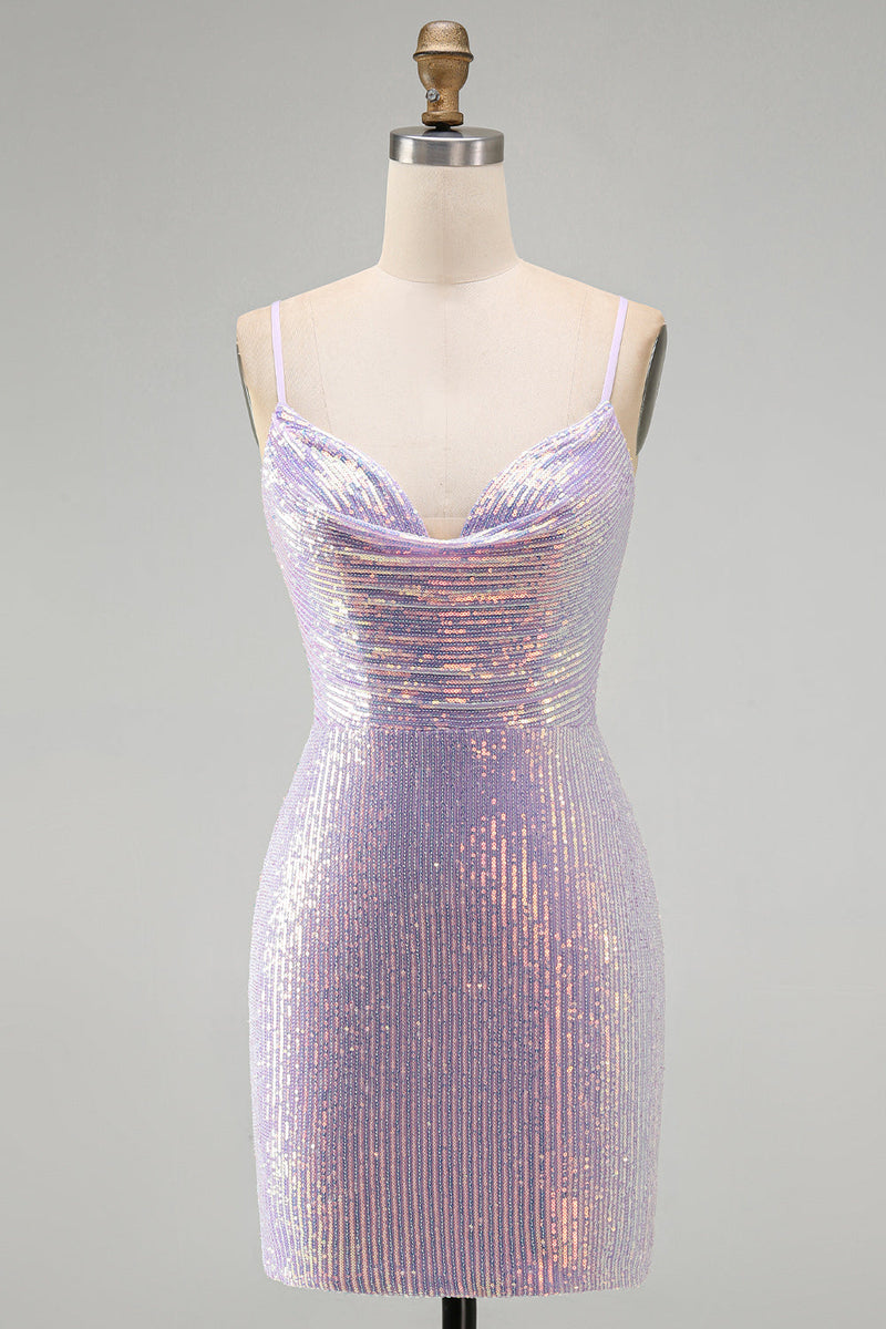 Laden Sie das Bild in den Galerie-Viewer, Glitzerndes Flieder Bodycon Cowl-Neck Pailletten Kurzes Abendkleid