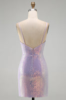 Laden Sie das Bild in den Galerie-Viewer, Glitzerndes Flieder Bodycon Cowl-Neck Pailletten Kurzes Abendkleid