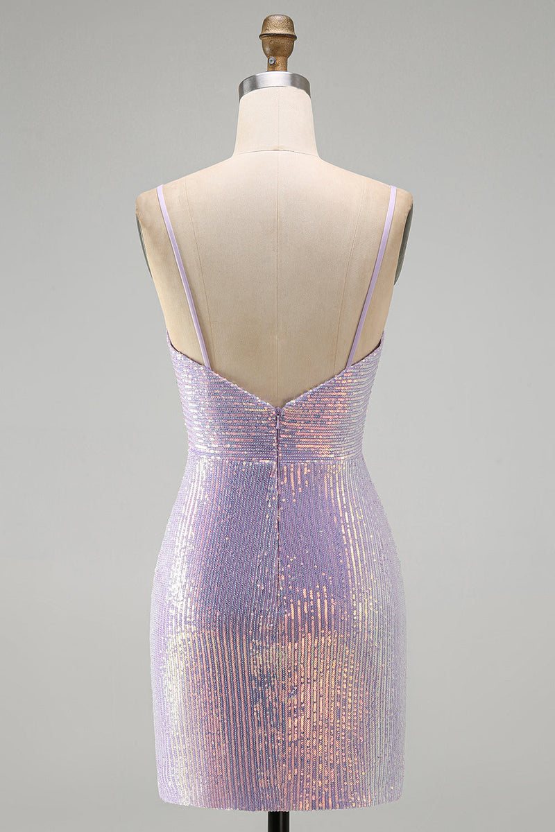 Laden Sie das Bild in den Galerie-Viewer, Glitzerndes Flieder Bodycon Cowl-Neck Pailletten Kurzes Abendkleid