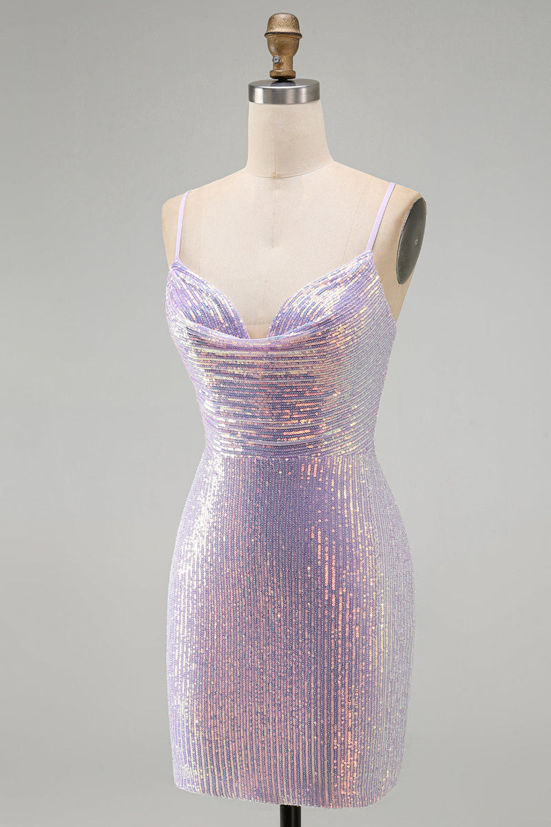 Laden Sie das Bild in den Galerie-Viewer, Glitzerndes Flieder Bodycon Cowl-Neck Pailletten Kurzes Abendkleid