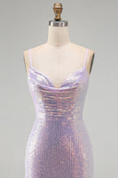 Laden Sie das Bild in den Galerie-Viewer, Glitzerndes Flieder Bodycon Cowl-Neck Pailletten Kurzes Abendkleid