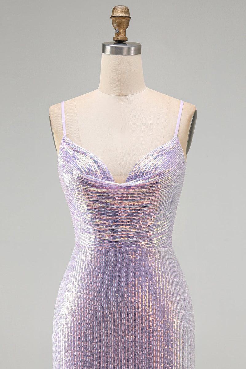 Laden Sie das Bild in den Galerie-Viewer, Glitzerndes Flieder Bodycon Cowl-Neck Pailletten Kurzes Abendkleid