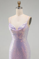 Laden Sie das Bild in den Galerie-Viewer, Glitzerndes Flieder Bodycon Cowl-Neck Pailletten Kurzes Abendkleid
