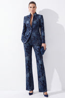 Laden Sie das Bild in den Galerie-Viewer, Dunkelblaue, florale Jacquard-Anzüge mit Mandarinenkragen Damenanzüge mit Taschen