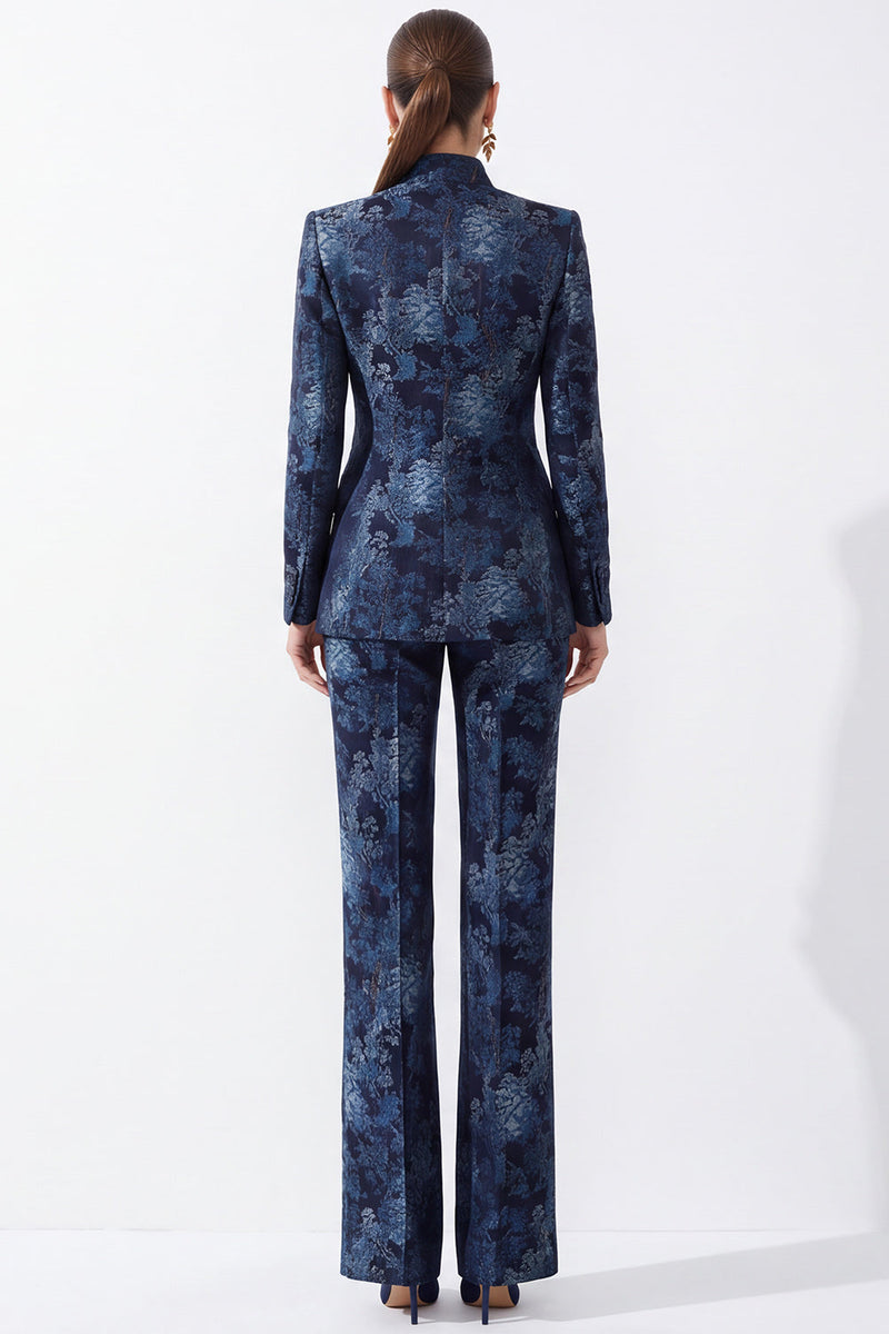 Laden Sie das Bild in den Galerie-Viewer, Dunkelblaue, florale Jacquard-Anzüge mit Mandarinenkragen Damenanzüge mit Taschen