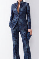Laden Sie das Bild in den Galerie-Viewer, Dunkelblaue, florale Jacquard-Anzüge mit Mandarinenkragen Damenanzüge mit Taschen