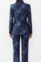 Laden Sie das Bild in den Galerie-Viewer, Dunkelblaue, florale Jacquard-Anzüge mit Mandarinenkragen Damenanzüge mit Taschen