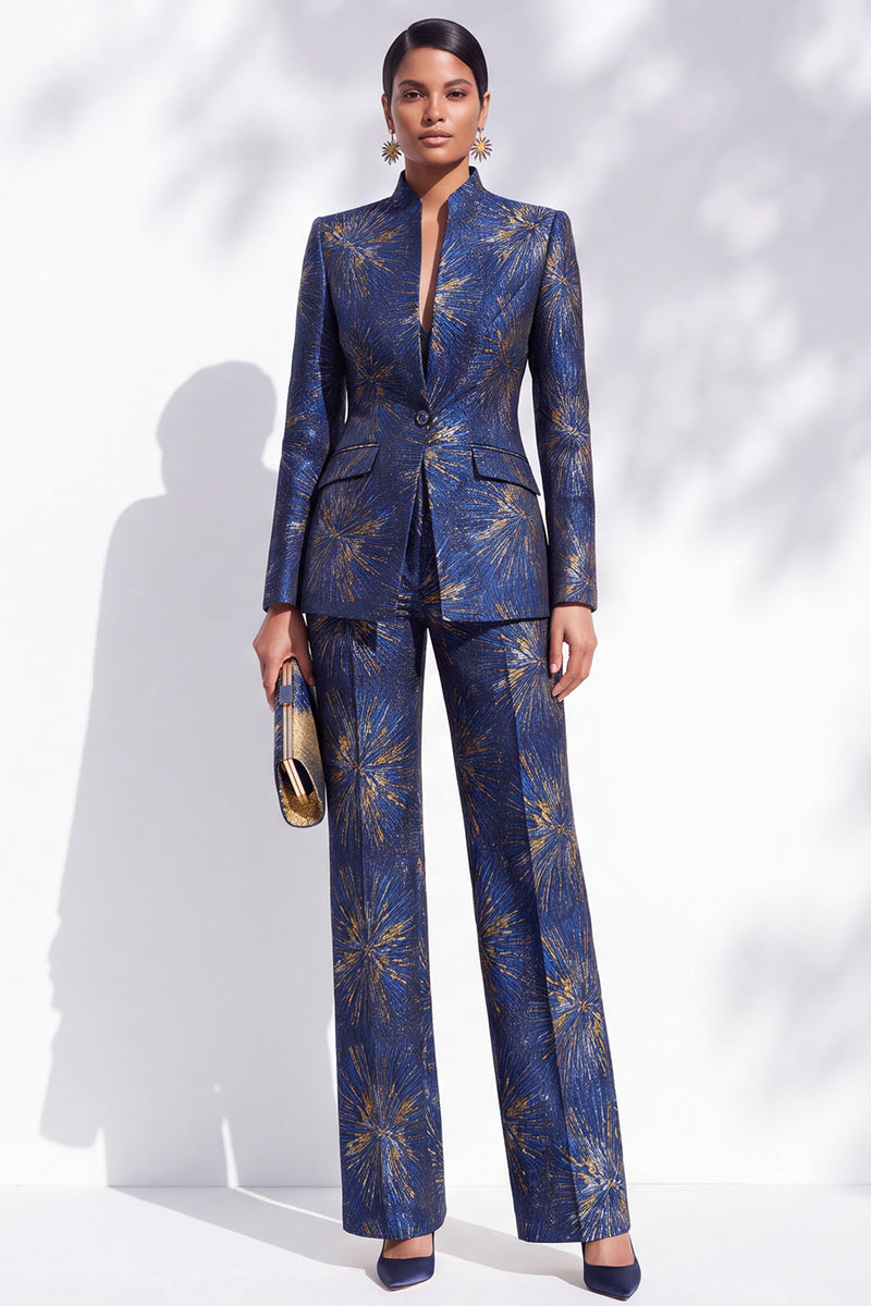 Laden Sie das Bild in den Galerie-Viewer, Dunkelblaue, florale Jacquard-Anzüge mit Mandarinenkragen Damenanzüge mit Taschen