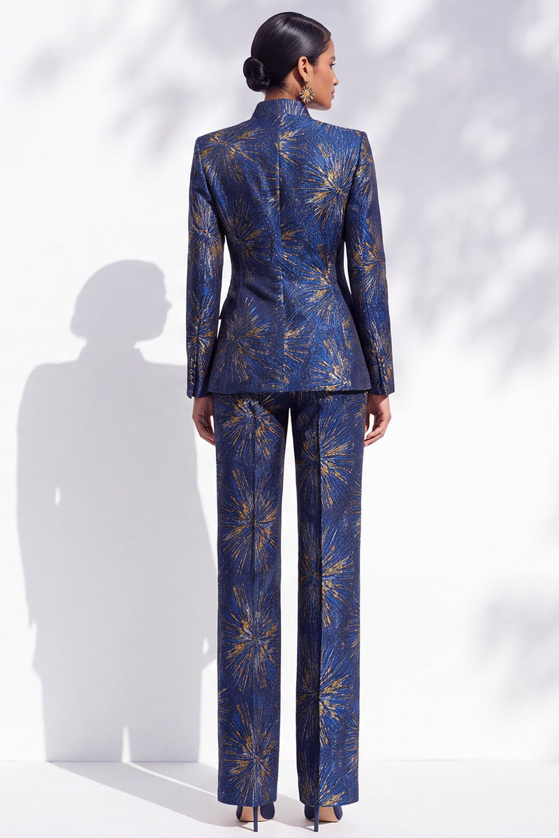 Laden Sie das Bild in den Galerie-Viewer, Dunkelblaue, florale Jacquard-Anzüge mit Mandarinenkragen Damenanzüge mit Taschen
