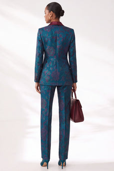 Dunkelblaue Jacquard Peak Revers Doppelreihige Damenanzüge