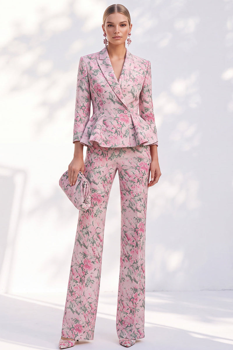 Laden Sie das Bild in den Galerie-Viewer, Rosa bedruckte Peak-Revers 2-teilige Peplum 3/4-ärmelte Frauenanzüge mit einreihigen Damen
