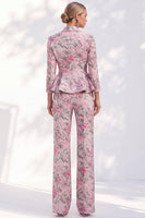Laden Sie das Bild in den Galerie-Viewer, Rosa bedruckte Peak-Revers 2-teilige Peplum 3/4-ärmelte Frauenanzüge mit einreihigen Damen
