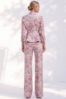 Rosa Bedruckte Peak-Revers 2-teilige Peplum 3/4-ärmelte Frauenanzüge mit einreihigen Damen
