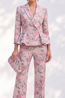Laden Sie das Bild in den Galerie-Viewer, Rosa bedruckte Peak-Revers 2-teilige Peplum 3/4-ärmelte Frauenanzüge mit einreihigen Damen