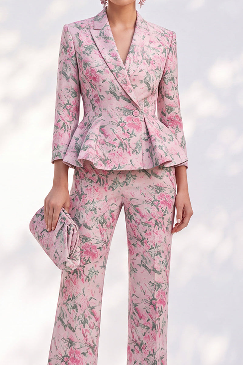 Laden Sie das Bild in den Galerie-Viewer, Rosa bedruckte Peak-Revers 2-teilige Peplum 3/4-ärmelte Frauenanzüge mit einreihigen Damen