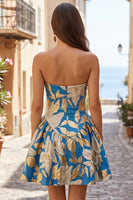 Laden Sie das Bild in den Galerie-Viewer, Blaues Jacquard Gerafftes A-Linie Trägerloses Kurzes Abendkleid