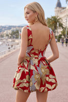 Laden Sie das Bild in den Galerie-Viewer, Rotes Bateau-Ausschnitt Jacquard Blasen Saum Gerafftes A-Linie Kurzes Abendkleid