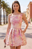 Laden Sie das Bild in den Galerie-Viewer, Rosa Geblümtes Jacquard Gerafftes Kurzes Abendkleid mit Bubble-Saum