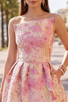 Laden Sie das Bild in den Galerie-Viewer, Rosa Geblümtes Jacquard Gerafftes Kurzes Abendkleid mit Bubble-Saum
