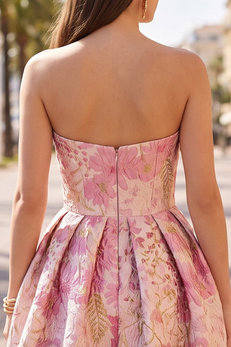 Laden Sie das Bild in den Galerie-Viewer, Rosa Geblümtes Jacquard Gerafftes Kurzes Abendkleid mit Bubble-Saum