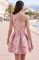 Laden Sie das Bild in den Galerie-Viewer, Rosa Einschulteriges Blummiges Jacquard Plissiert Kurzes Abendkleid in A-Linie